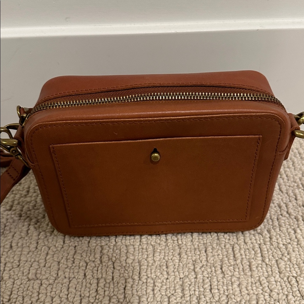 Madewell camera bag, English saddle + woven leather strap